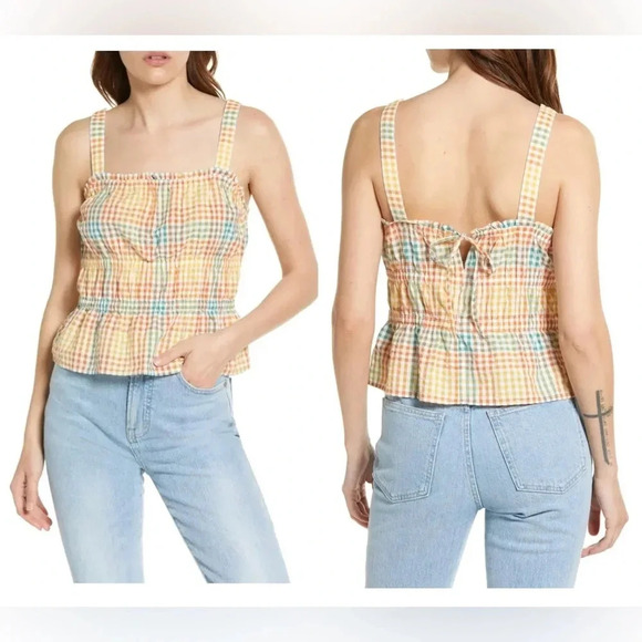 Madewell Tops - NWOT Madewell Sophia Seersucker Peplum Plaid Tank Top - Check Tie Back Blouse